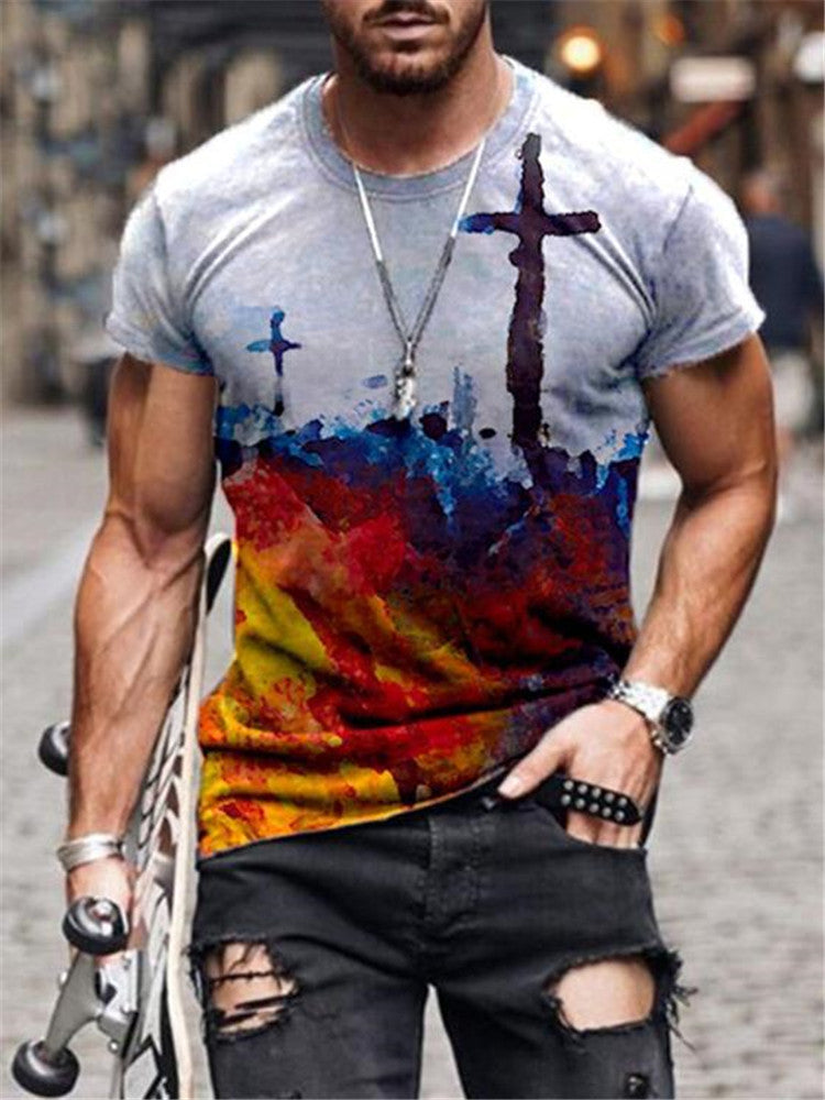 European and American new men's T-shirt cross print round neck short sleeve street trend T