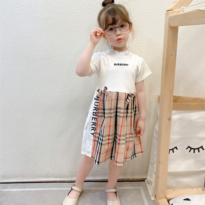 British style girls cotton short-sleeved dress summer foreign style children's baby plaid skirt stitching princess skirt