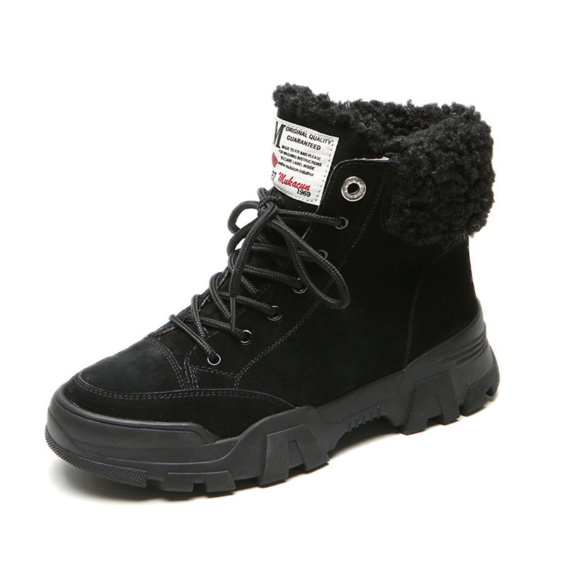 Snow boots female British style leather Martin boots female students plus velvet cotton shoes