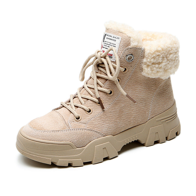 Snow boots female British style leather Martin boots female students plus velvet cotton shoes