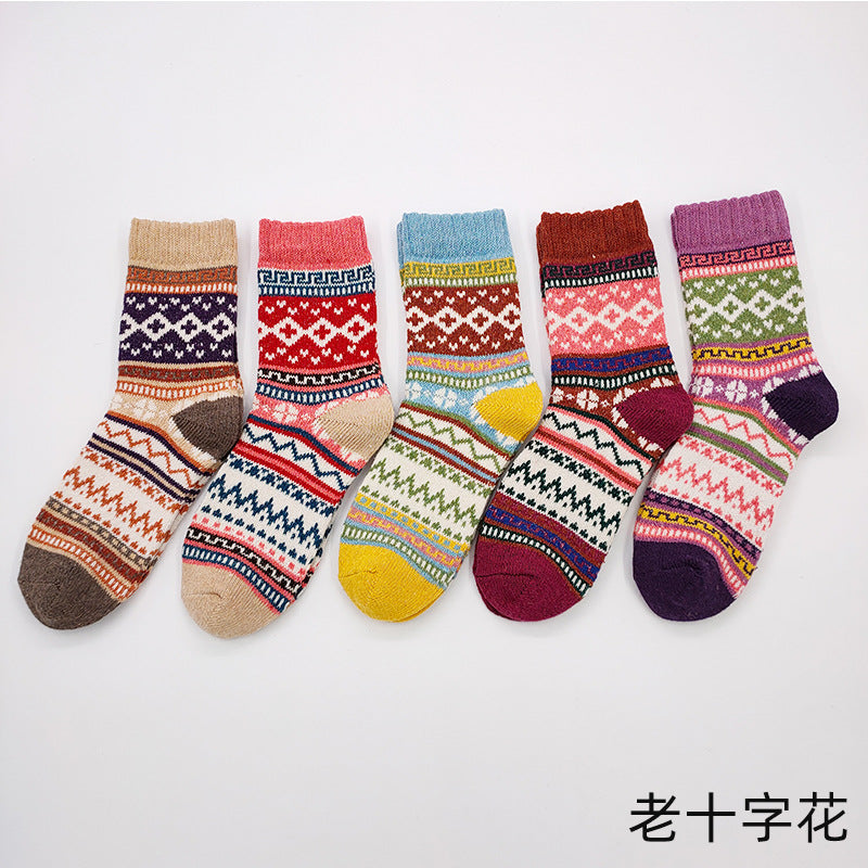 Totem rabbit wool women's socks warmth and thick mid-tube socks women's retro ethnic cross flower women's socks