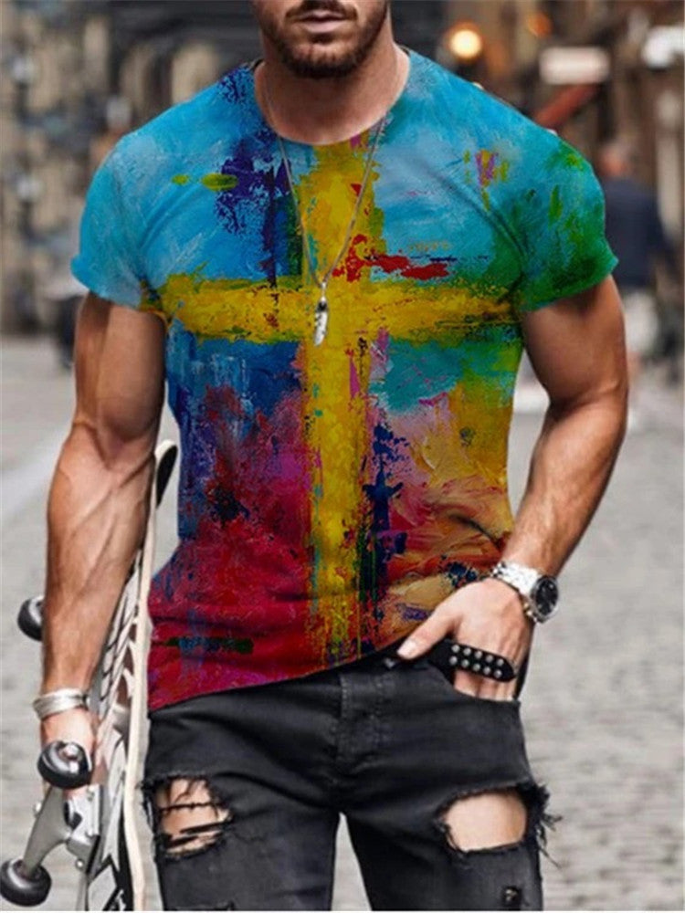 European and American new men's T-shirt cross print round neck short sleeve street trend T