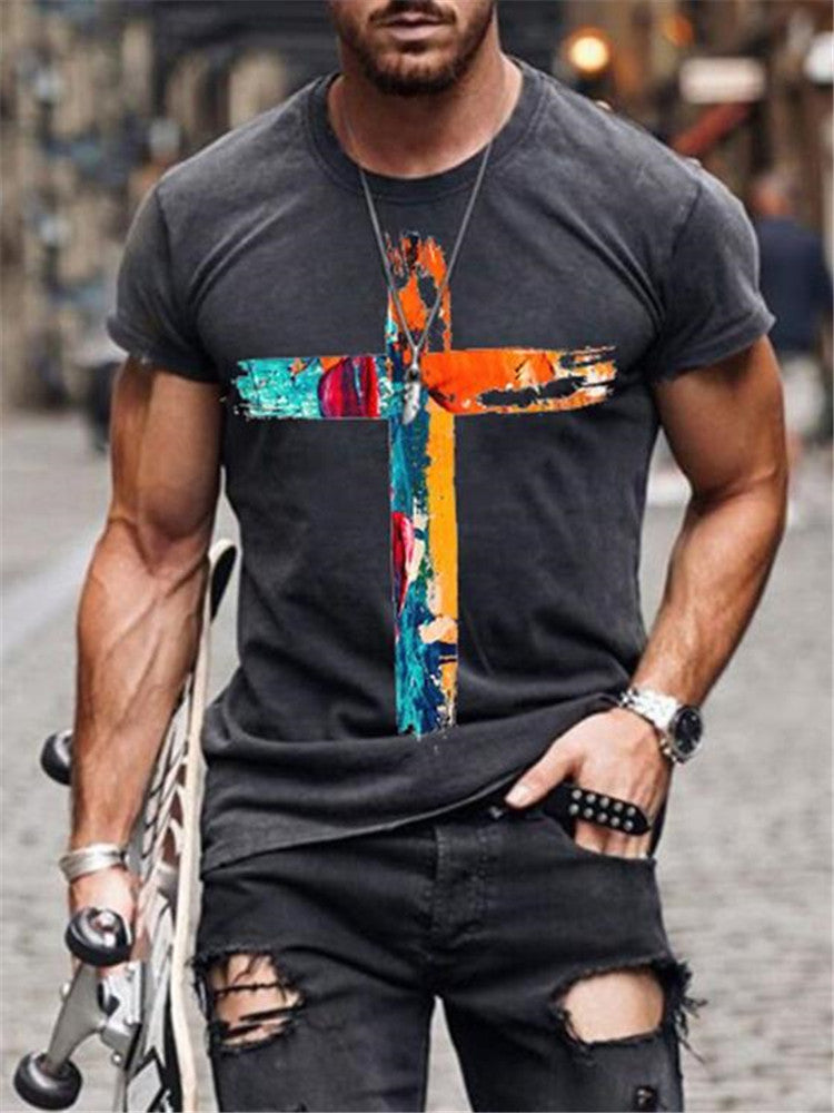 European and American new men's T-shirt cross print round neck short sleeve street trend T