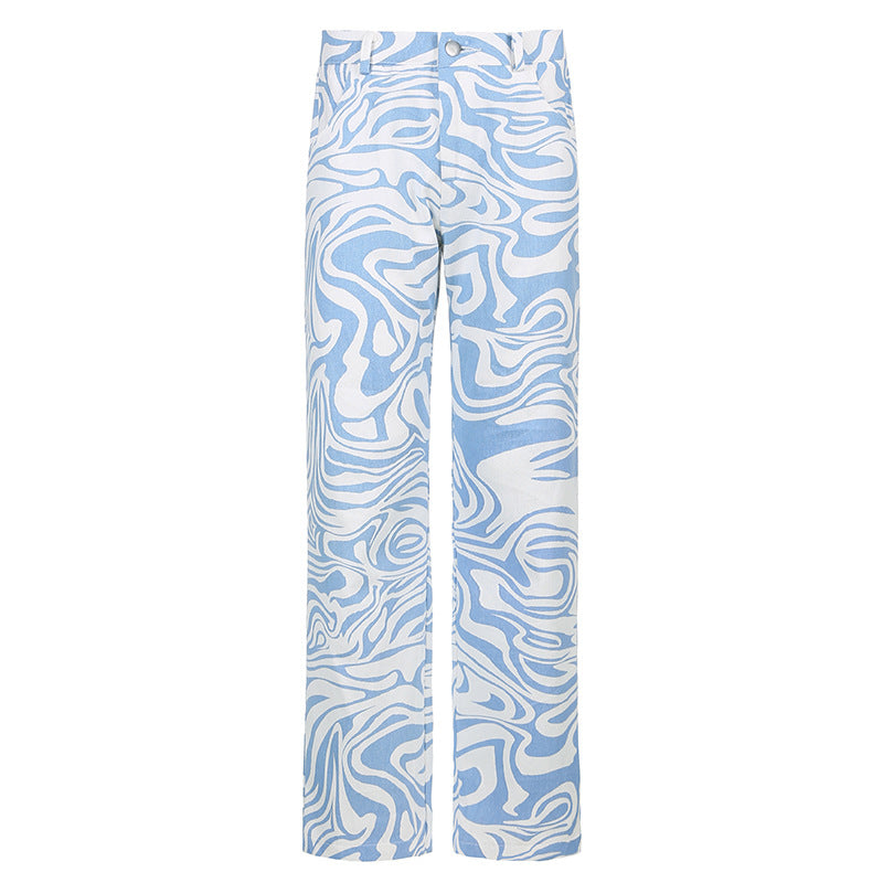 New female blue animal pattern loose street casual straight woven pants