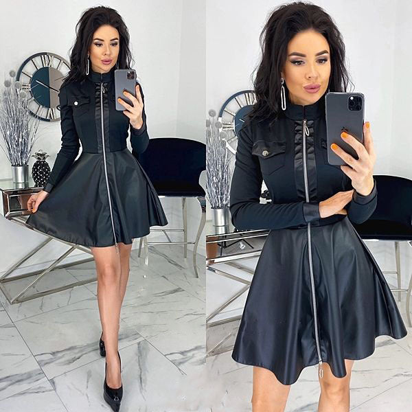 Fashion PU leather fight receiving waist zipper pocket sexy dress