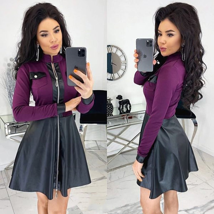 Fashion PU leather fight receiving waist zipper pocket sexy dress