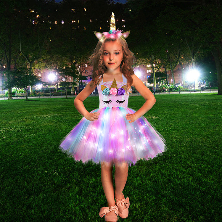 Children's clothing unicorn sequin luminous girls princess dress LED children's dress Christmas costume tutu skirt