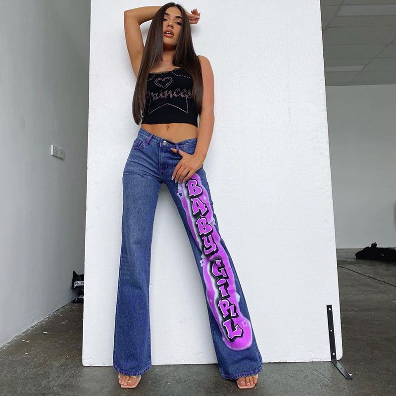 European and American high-waist printed letter straight-leg pants