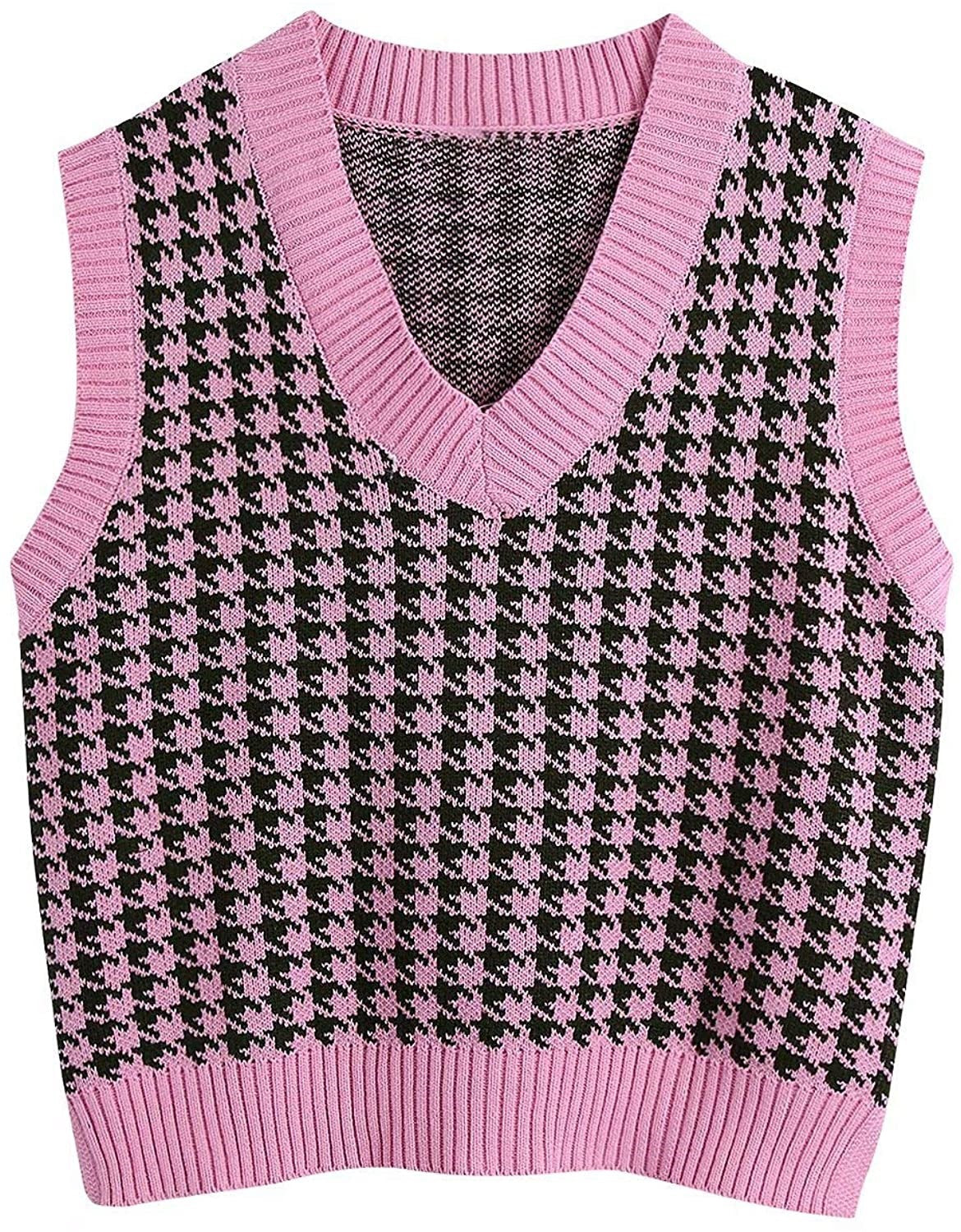 European and American women's clothing houndstooth knitted vest V-neck sleeveless pullover sweater