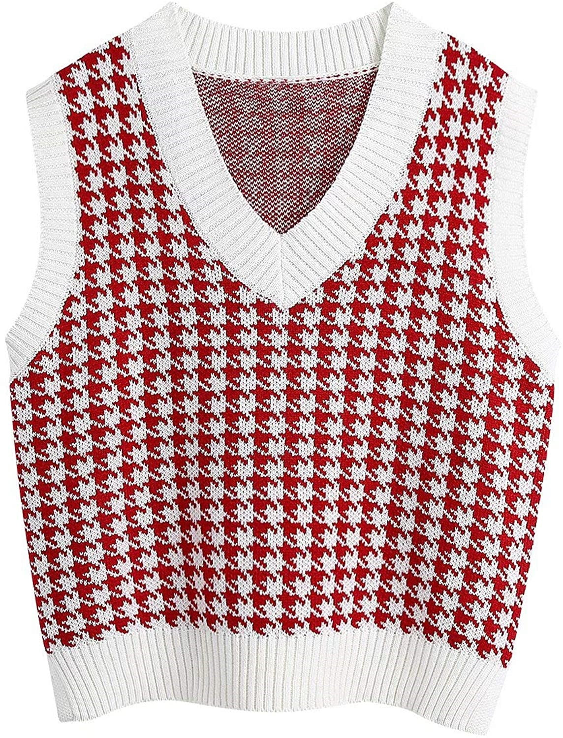 European and American women's clothing houndstooth knitted vest V-neck sleeveless pullover sweater