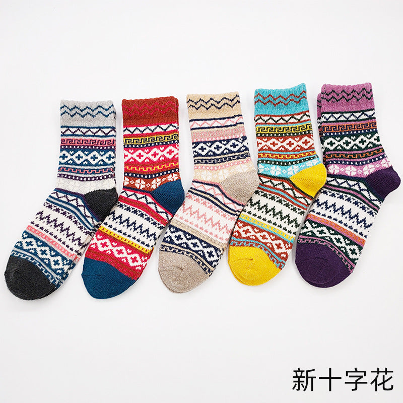 Totem rabbit wool women's socks warmth and thick mid-tube socks women's retro ethnic cross flower women's socks