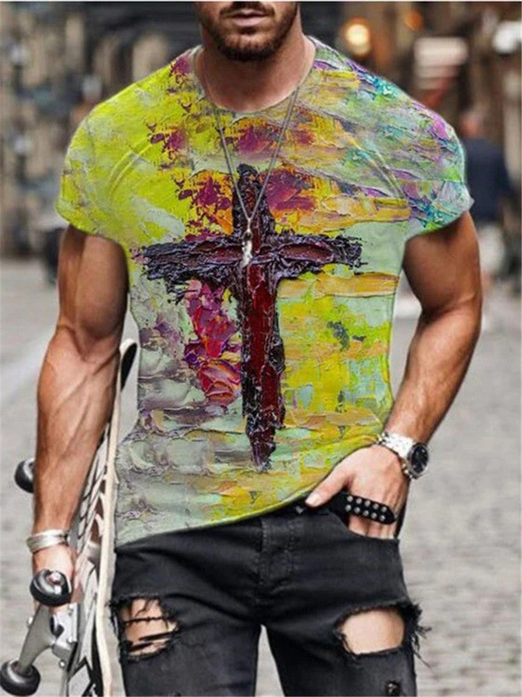 European and American new men's T-shirt cross print round neck short sleeve street trend T