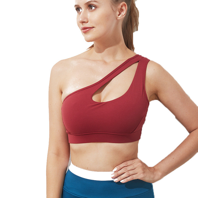 The new cross-border exclusively for one-shoulder hollow underwear shockproof and quick-drying no rim sports bra stretch fitness bra