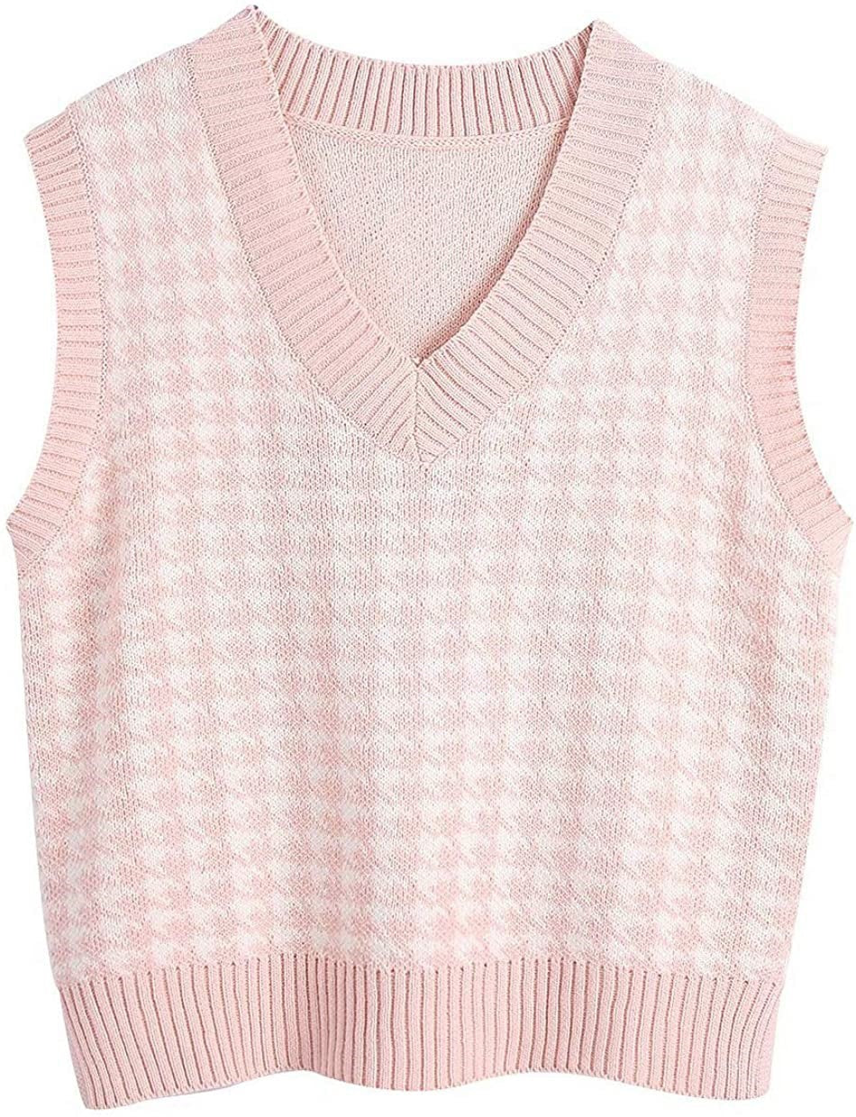 European and American women's clothing houndstooth knitted vest V-neck sleeveless pullover sweater