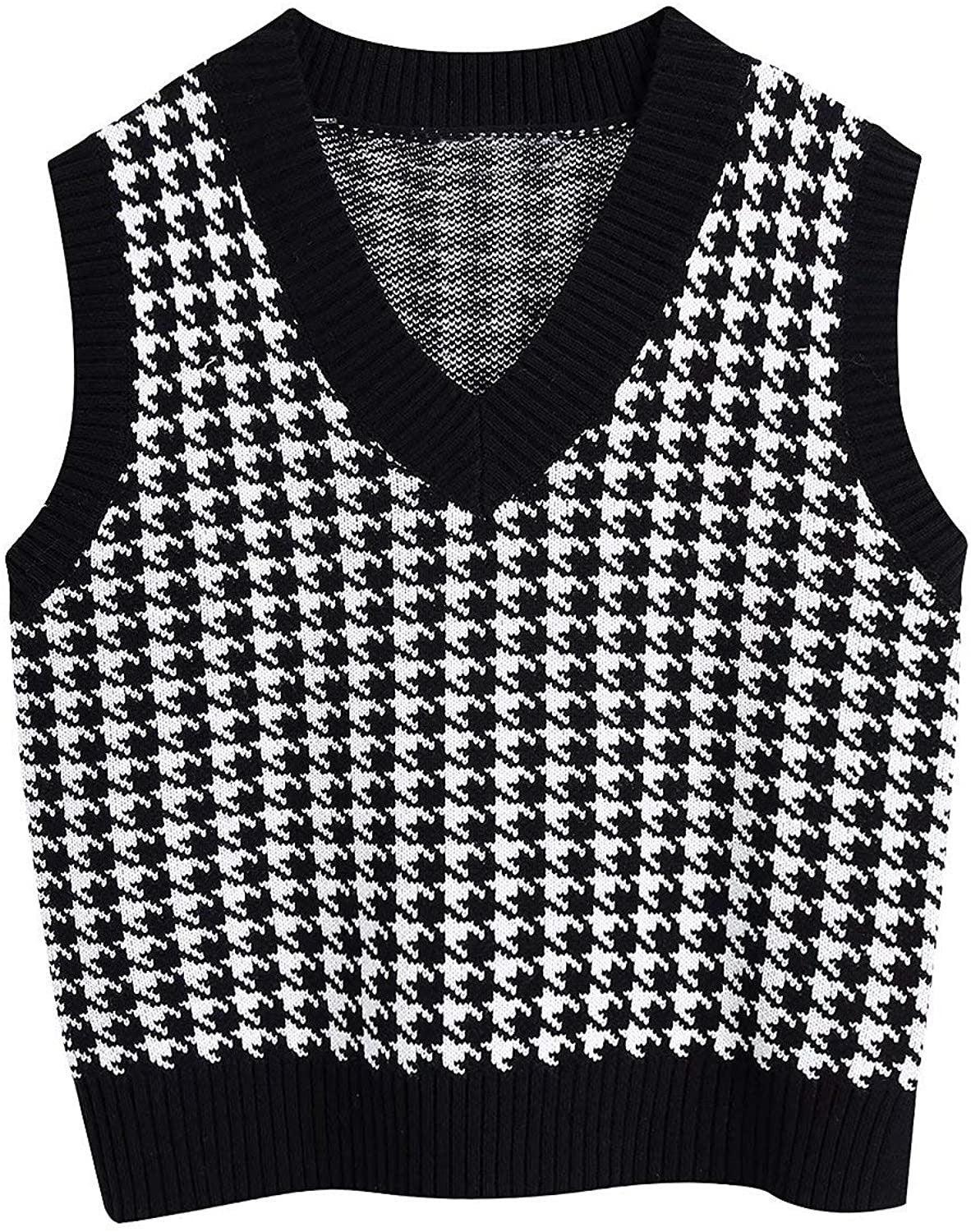 European and American women's clothing houndstooth knitted vest V-neck sleeveless pullover sweater