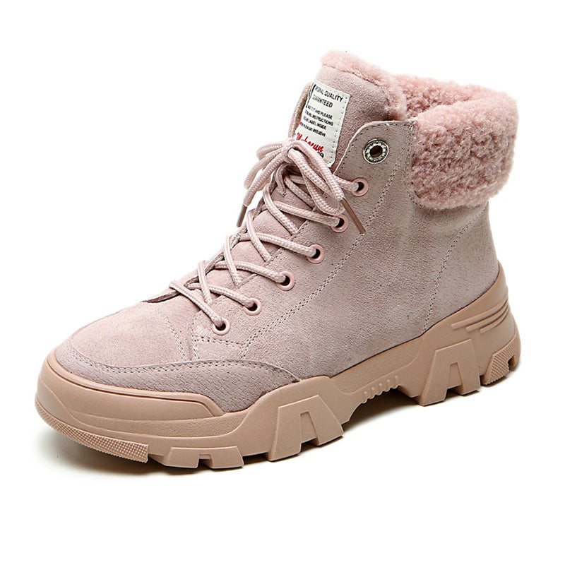 Snow boots female British style leather Martin boots female students plus velvet cotton shoes