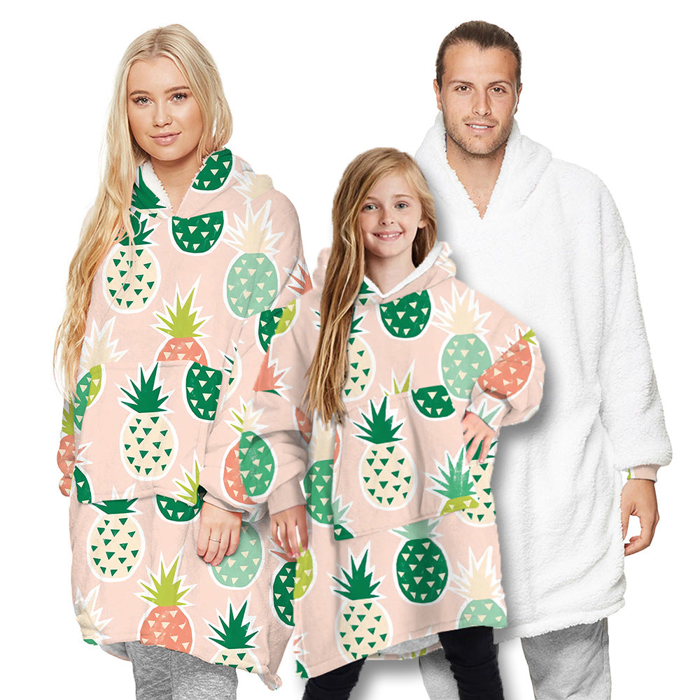 Pineapple digital printing parent-child home warm lamb velvet long-sleeved sweater nightgown thickened both sides can wear blanket