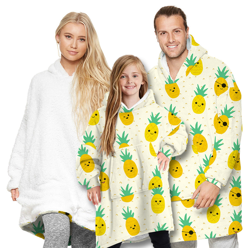 Pineapple digital printing parent-child home warm lamb velvet long-sleeved sweater nightgown thickened both sides can wear blanket