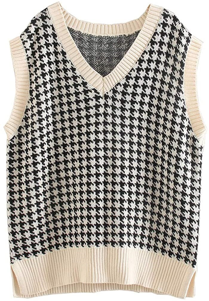 European and American women's clothing houndstooth knitted vest V-neck sleeveless pullover sweater