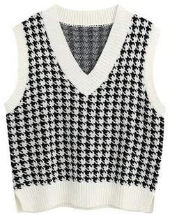 European and American women's clothing houndstooth knitted vest V-neck sleeveless pullover sweater