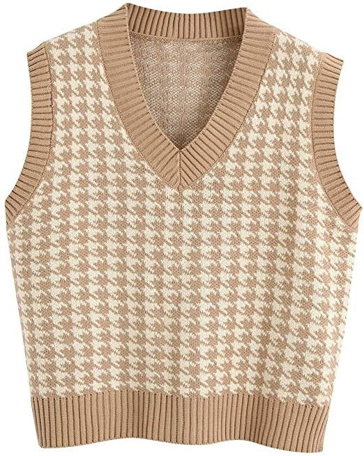 European and American women's clothing houndstooth knitted vest V-neck sleeveless pullover sweater