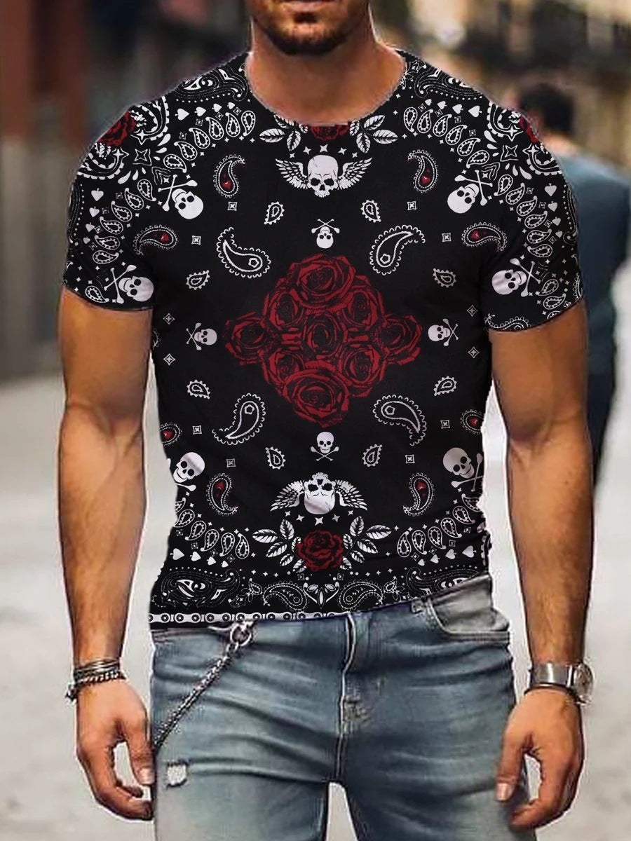 European and American new men's T-shirt cross print round neck short sleeve street trend T