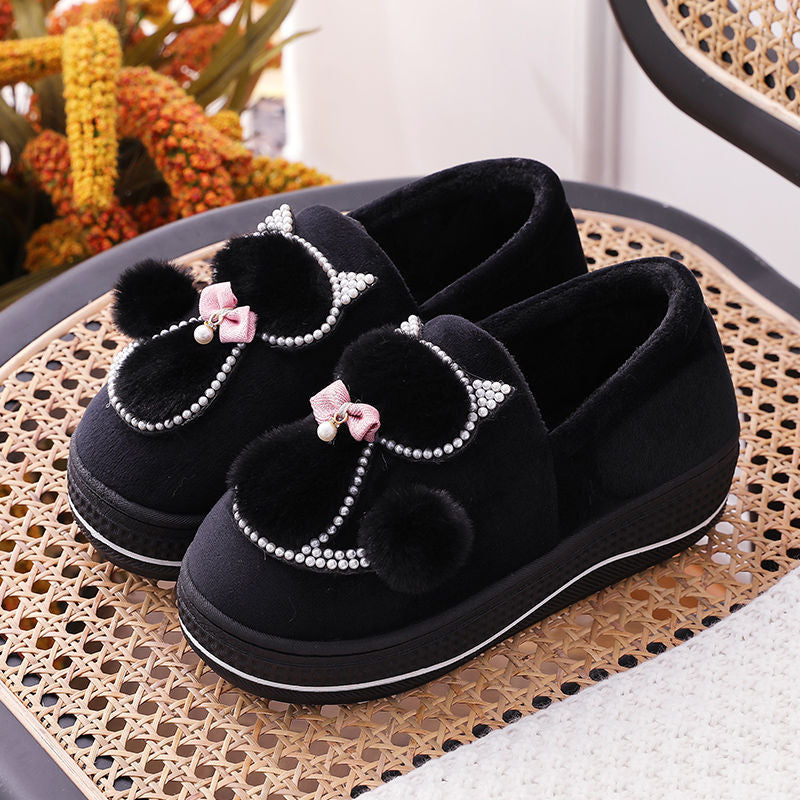 Winter cotton slippers women high-heeled thick-soled home non-slip home furry slippers fashion all-match month shoes