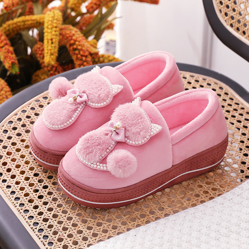 Winter cotton slippers women high-heeled thick-soled home non-slip home furry slippers fashion all-match month shoes