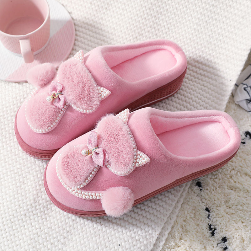 Winter cotton slippers women high-heeled thick-soled home non-slip home furry slippers fashion all-match month shoes