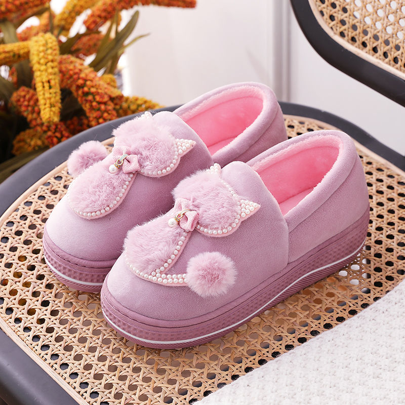 Winter cotton slippers women high-heeled thick-soled home non-slip home furry slippers fashion all-match month shoes