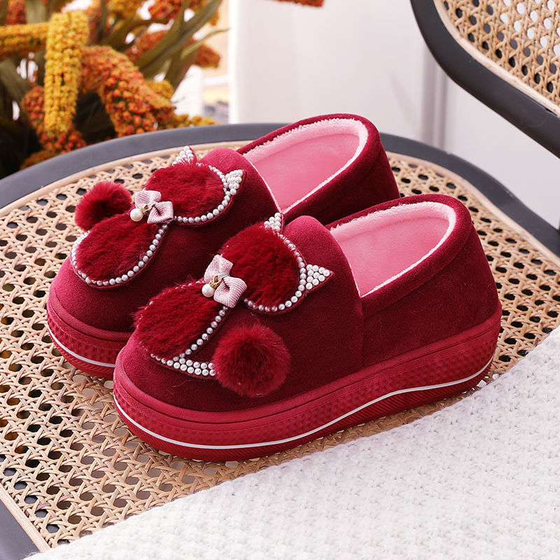 Winter cotton slippers women high-heeled thick-soled home non-slip home furry slippers fashion all-match month shoes