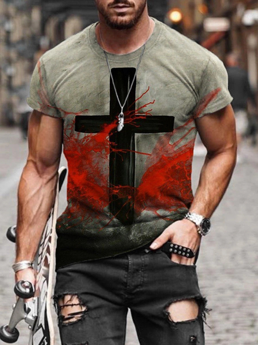 European and American new men's T-shirt cross print round neck short sleeve street trend T