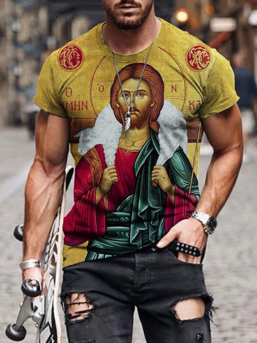 European and American new men's T-shirt cross print round neck short sleeve street trend T