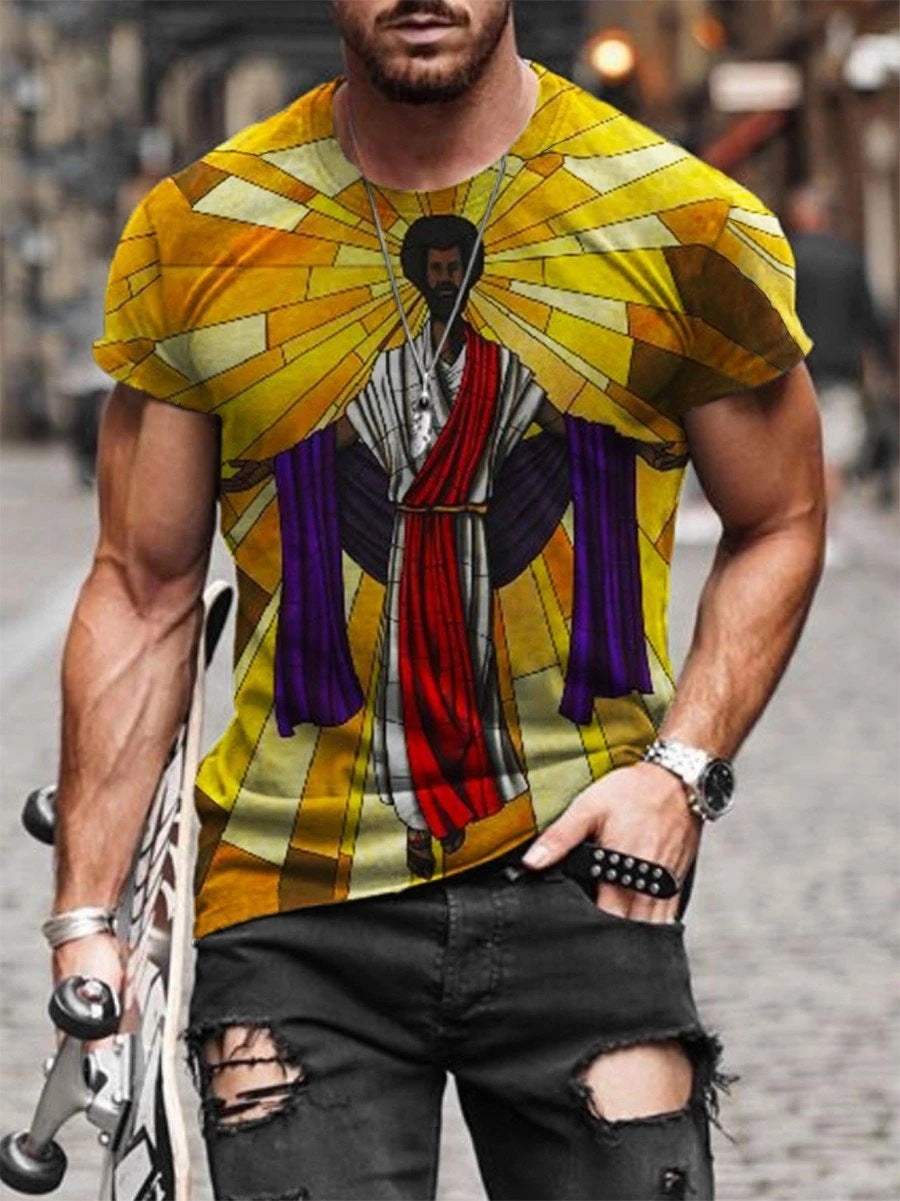 European and American new men's T-shirt cross print round neck short sleeve street trend T