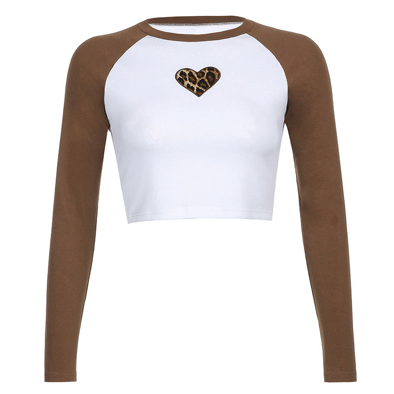 European and American sexy leopard love raglan contrast long-sleeved short crop top