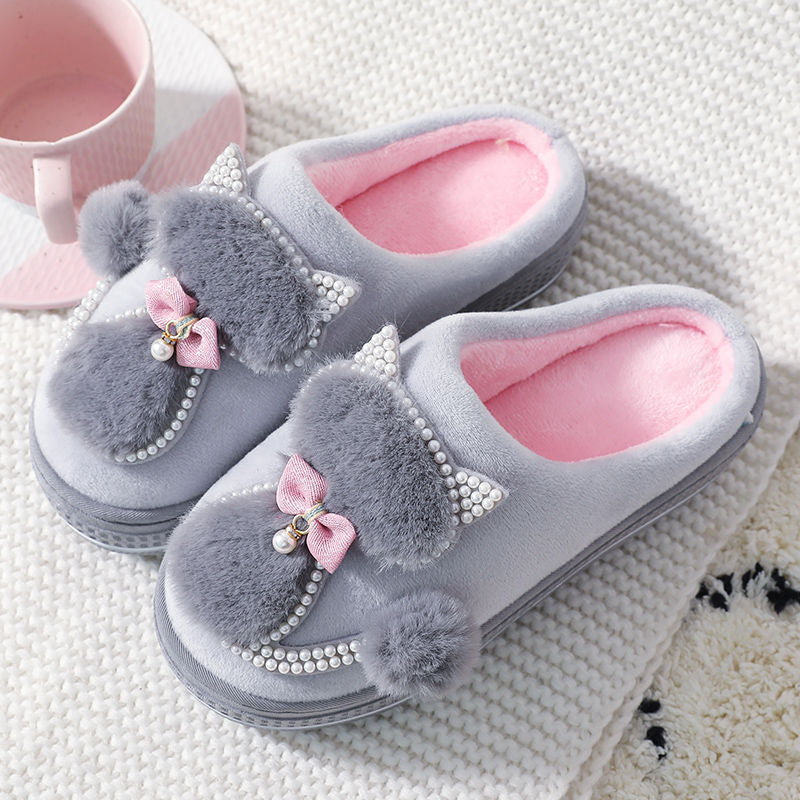 Winter cotton slippers women high-heeled thick-soled home non-slip home furry slippers fashion all-match month shoes