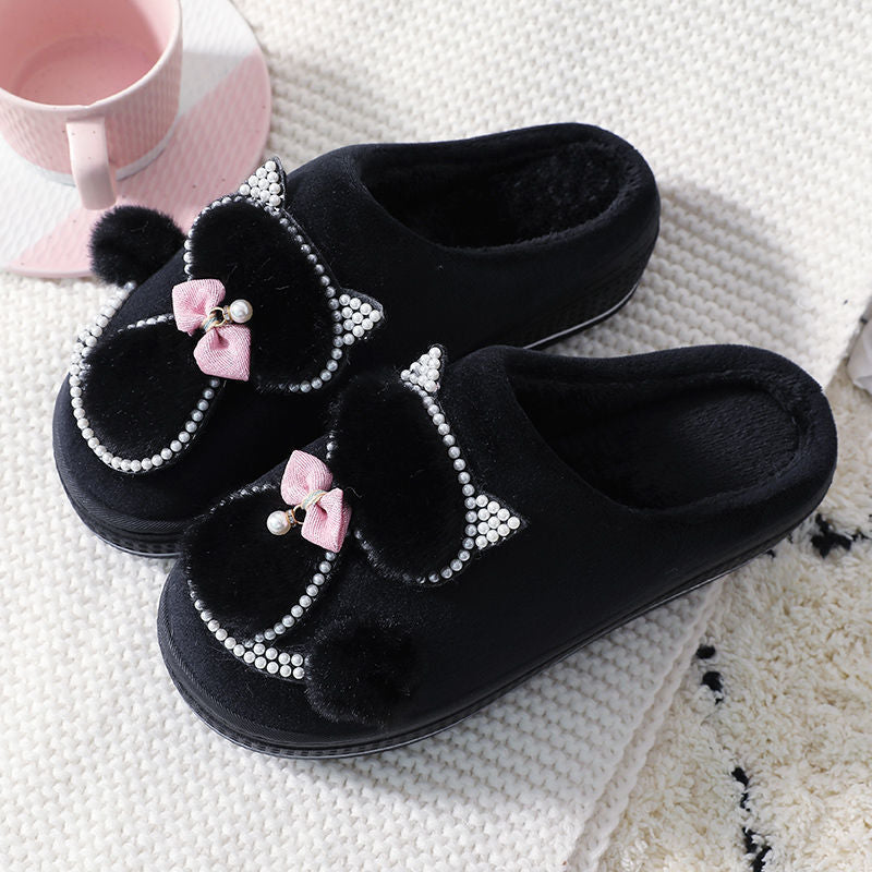 Winter cotton slippers women high-heeled thick-soled home non-slip home furry slippers fashion all-match month shoes