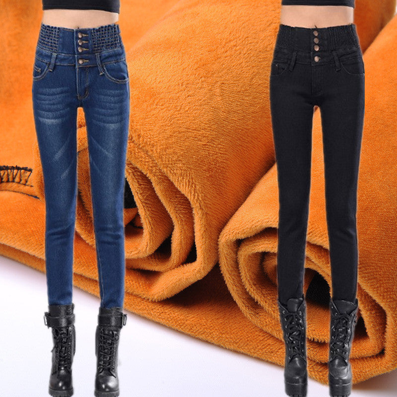 European and American oversized fleece jeans ladies winter high waist thickened pencil trousers