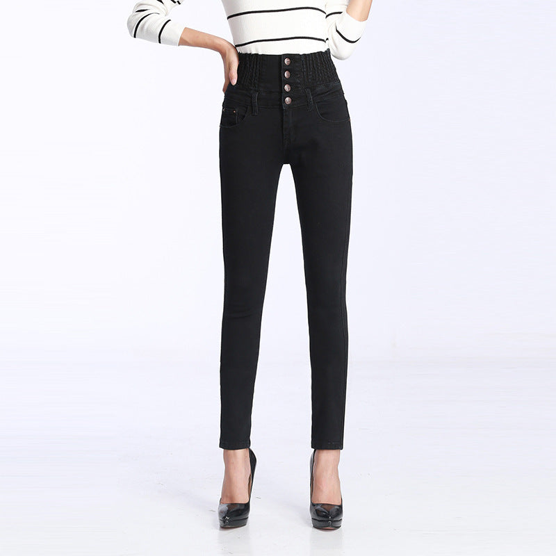 European and American oversized fleece jeans ladies winter high waist thickened pencil trousers