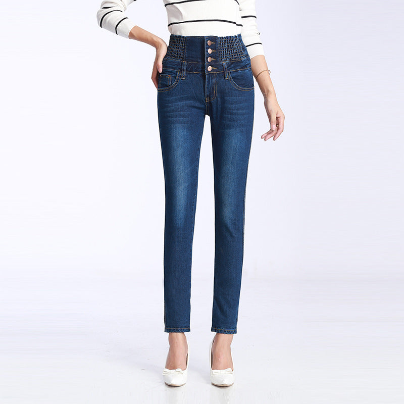 European and American oversized fleece jeans ladies winter high waist thickened pencil trousers