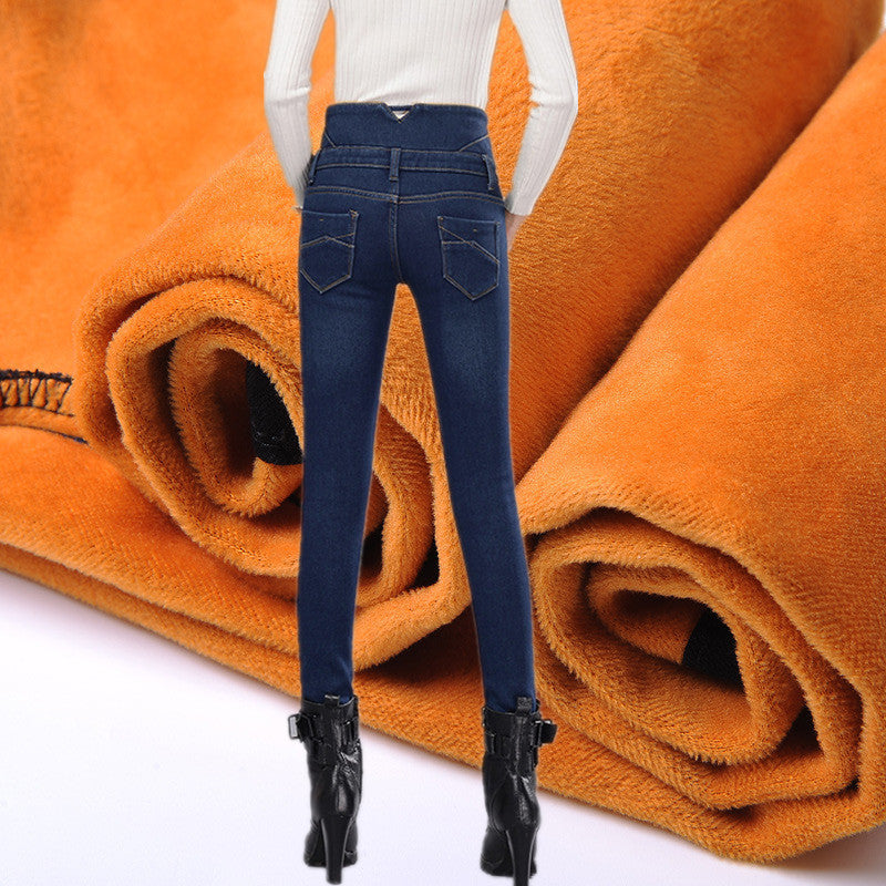 European and American oversized fleece jeans ladies winter high waist thickened pencil trousers