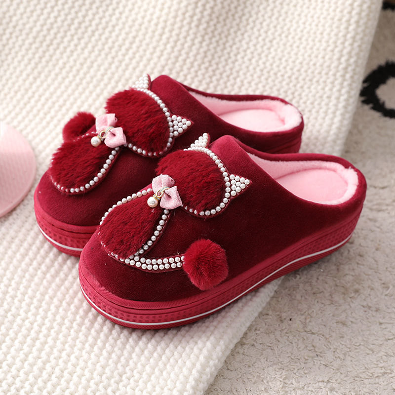 Winter cotton slippers women high-heeled thick-soled home non-slip home furry slippers fashion all-match month shoes