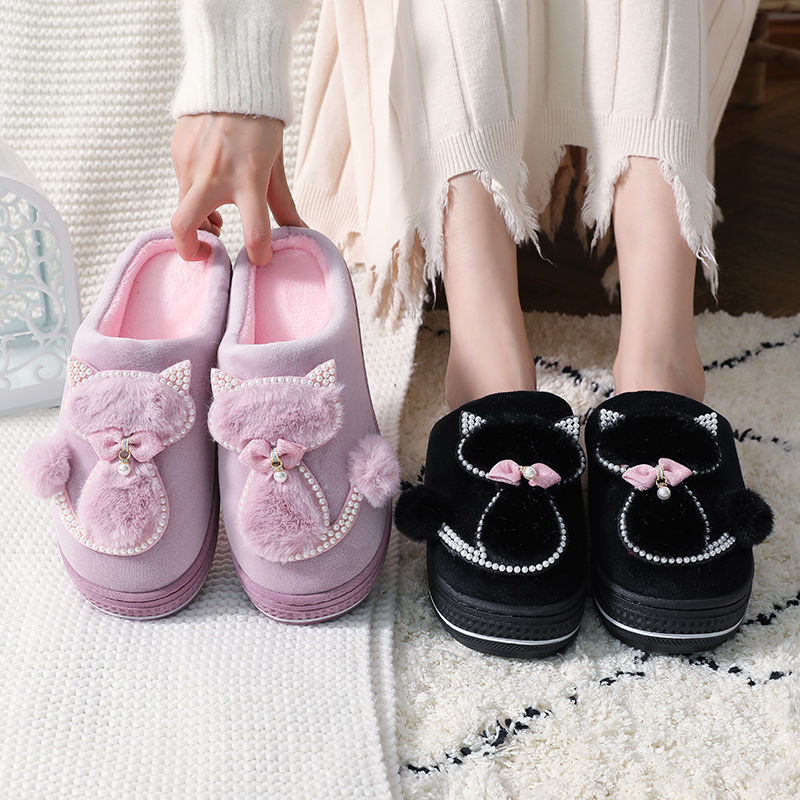 Winter cotton slippers women high-heeled thick-soled home non-slip home furry slippers fashion all-match month shoes