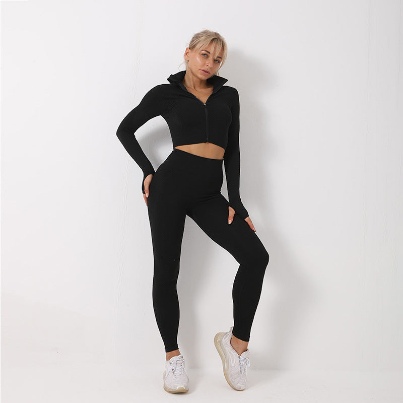 Yoga clothes suit seamless knitted yoga long-sleeved trousers two-piece hip-lifting elastic fitness pants sports