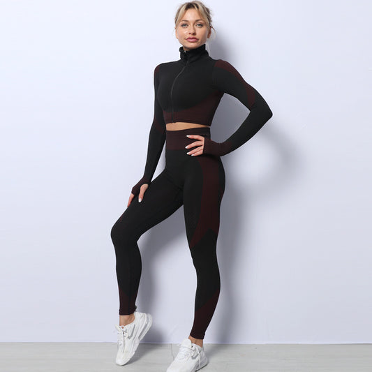 Yoga clothes suit seamless knitted yoga long-sleeved trousers two-piece hip-lifting elastic fitness pants sports