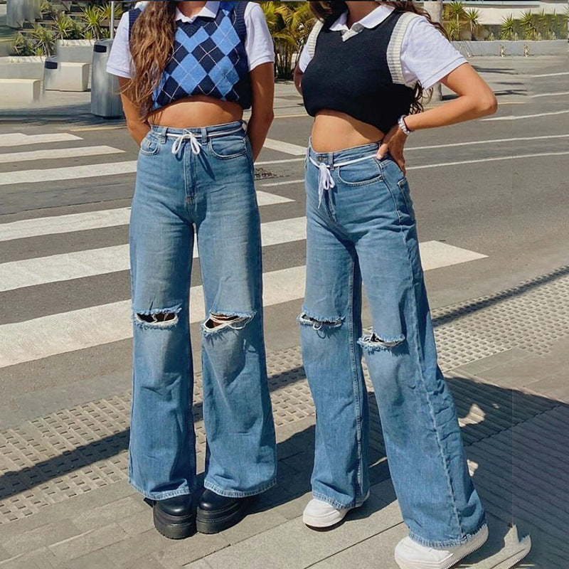 Europe and the United States fashion new high-waisted straight hole wide-legged thin trend wild casual jeans