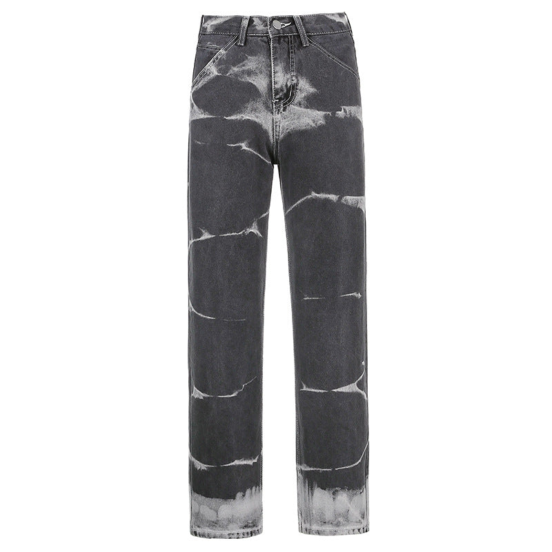 European and American women's personality tie-dye high-waist slim straight-leg jeans