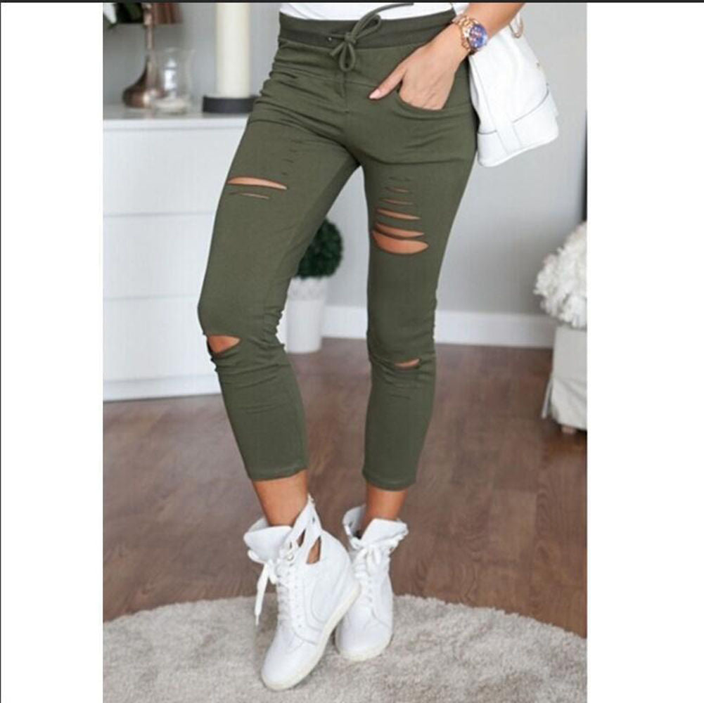 European and American women's clothing ripped casual nine-point pencil pants