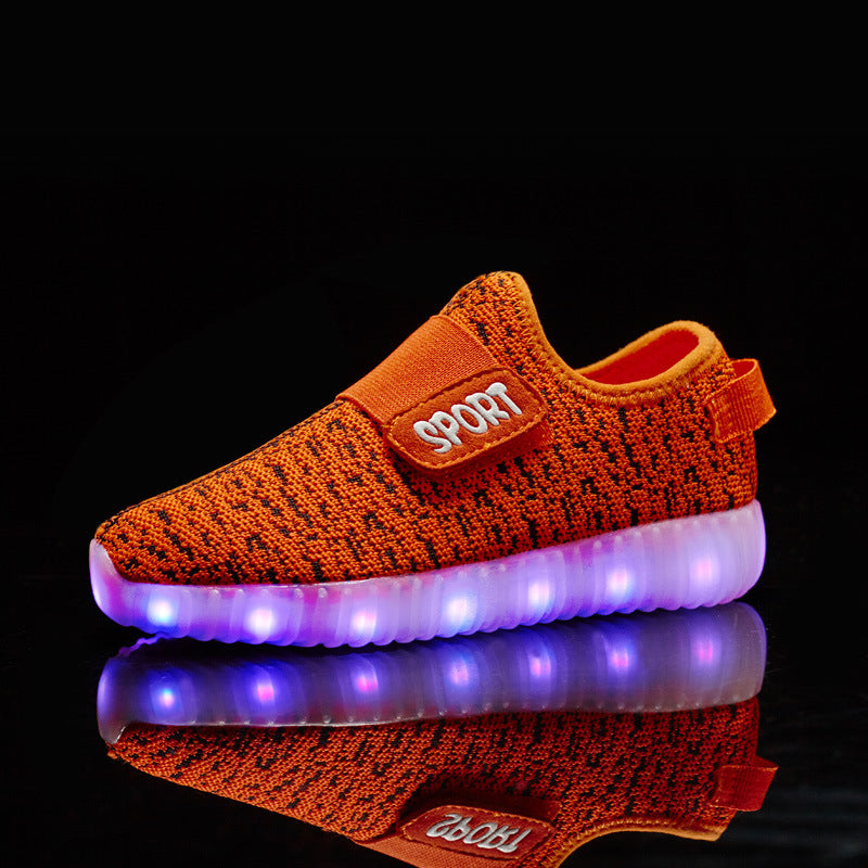 Coconut lamp shoes children's LED shoes flying woven mesh children's shoes Velcro rechargeable luminous shoes