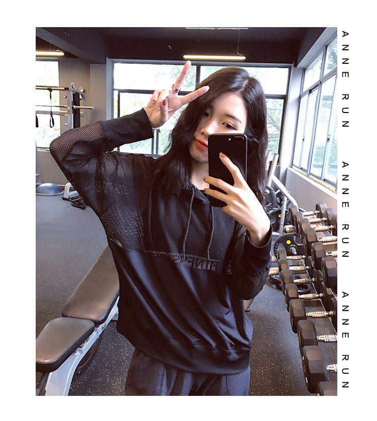 Hollow long-sleeved workout clothes yoga clothes running tops loose breathable mesh sports running hooded blouse